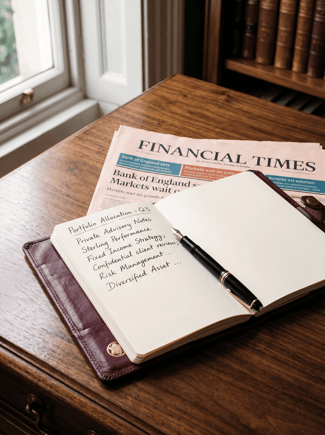 An open notebook and a fountain pen on a wooden desk in soft daylight