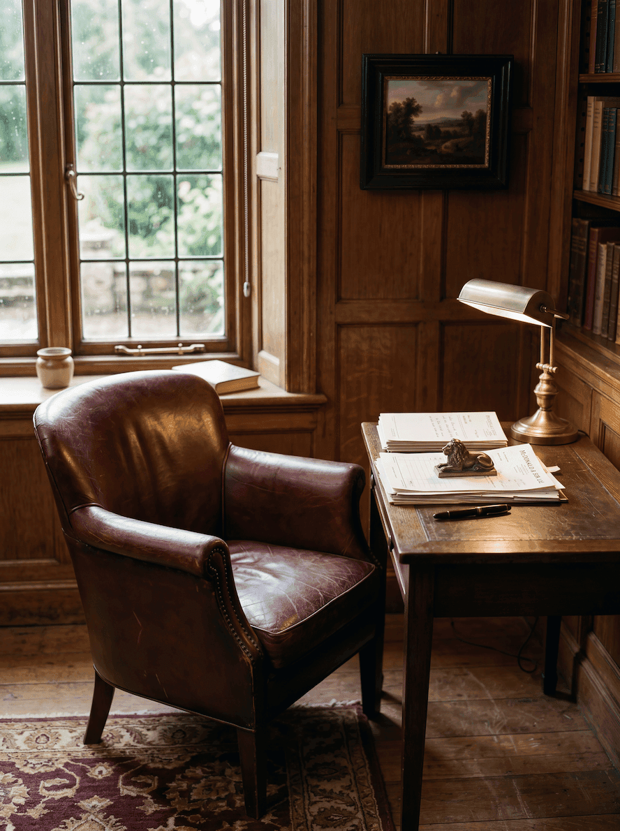 A leather chair and a small writing desk in a quiet study with afternoon light