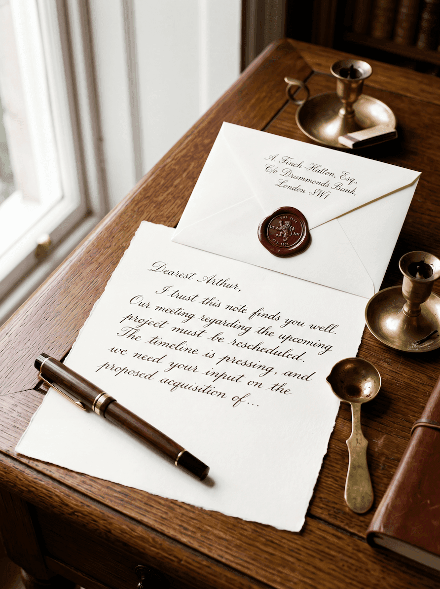 A handwritten letter on stationery beside a fountain pen, lit by a window