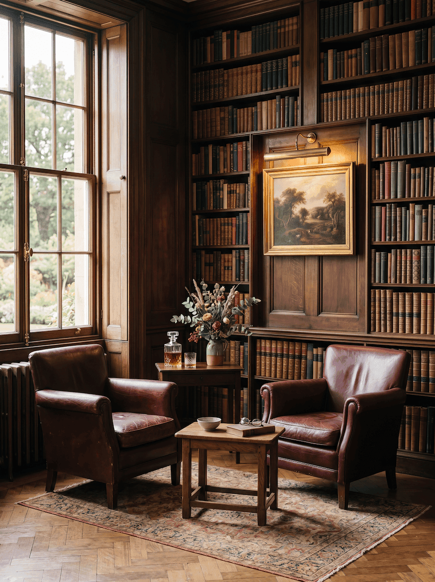 A panelled library with leather chairs and afternoon light through tall windows