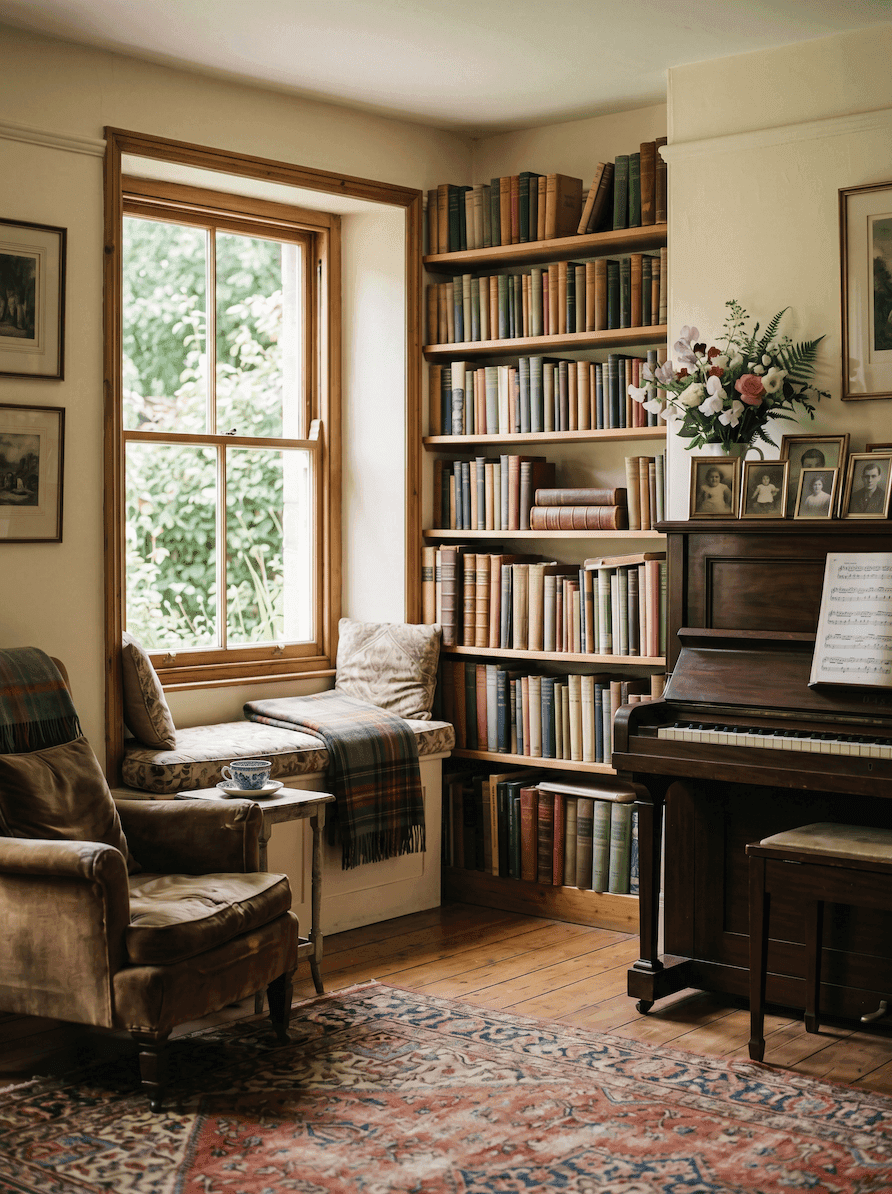 A quiet British sitting room in afternoon light, books and a teacup on a side table