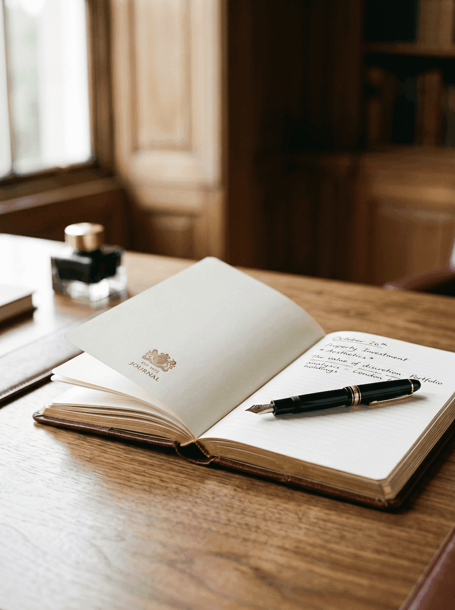 A fountain pen and an open notebook on a wooden desk in soft daylight