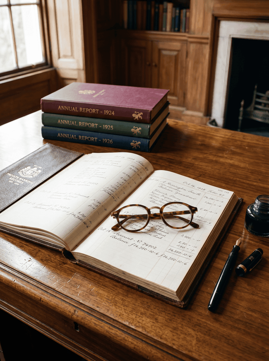A leather-bound notebook and reading glasses on a wooden desk