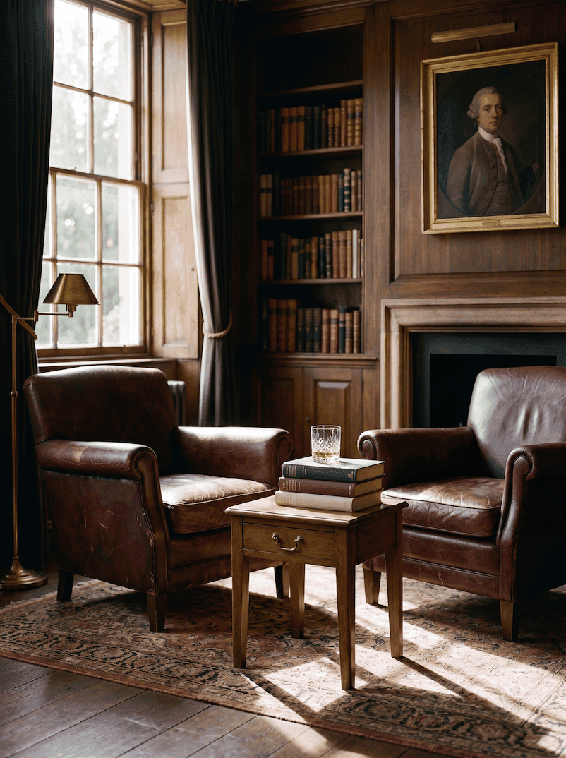 A pair of leather chairs in a quiet study with afternoon daylight