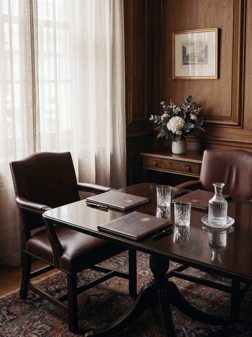 A meeting room set quietly for a private client conversation