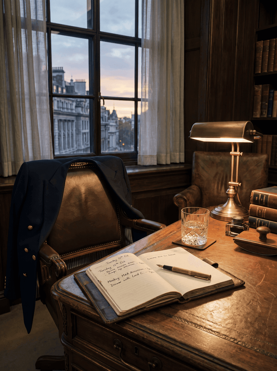 A desk in a quiet office with a tailored jacket draped over the chair