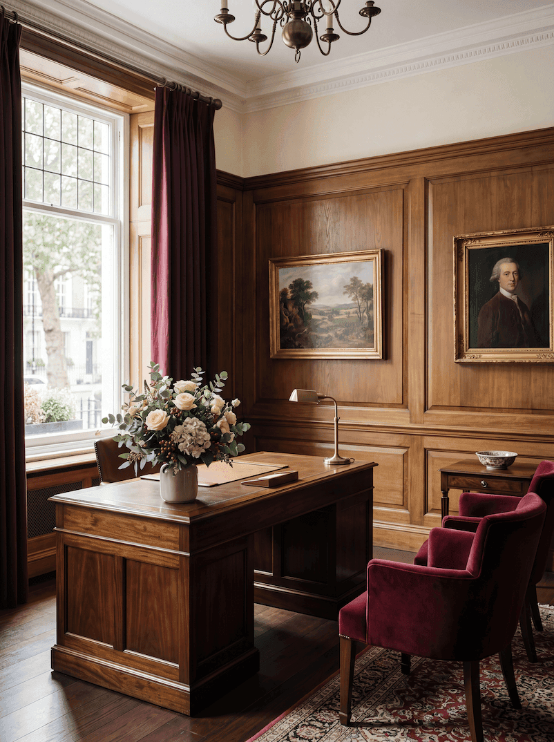 A quiet office interior with warm daylight and considered detail