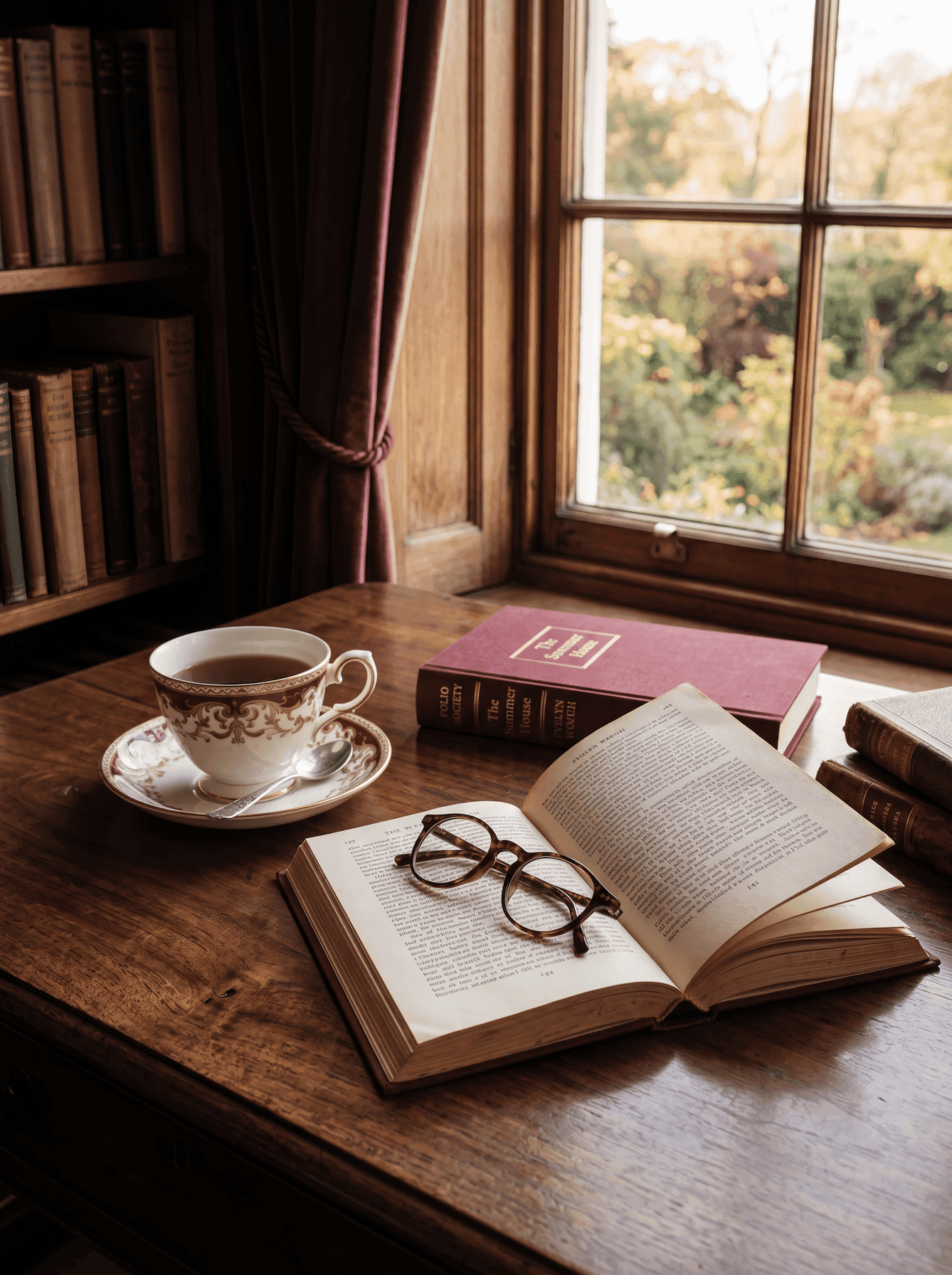 A teacup and a hardback book on a wooden side table beside a window