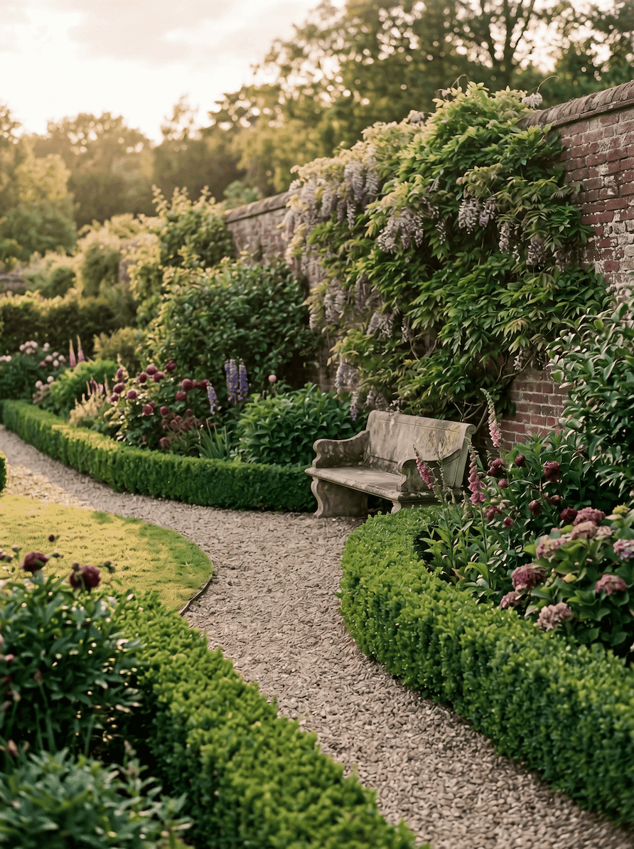 A quiet country garden in soft late afternoon light