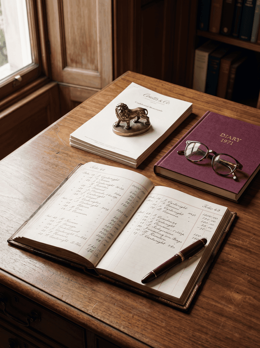 A leather-bound ledger and reading glasses on a polished wooden desk