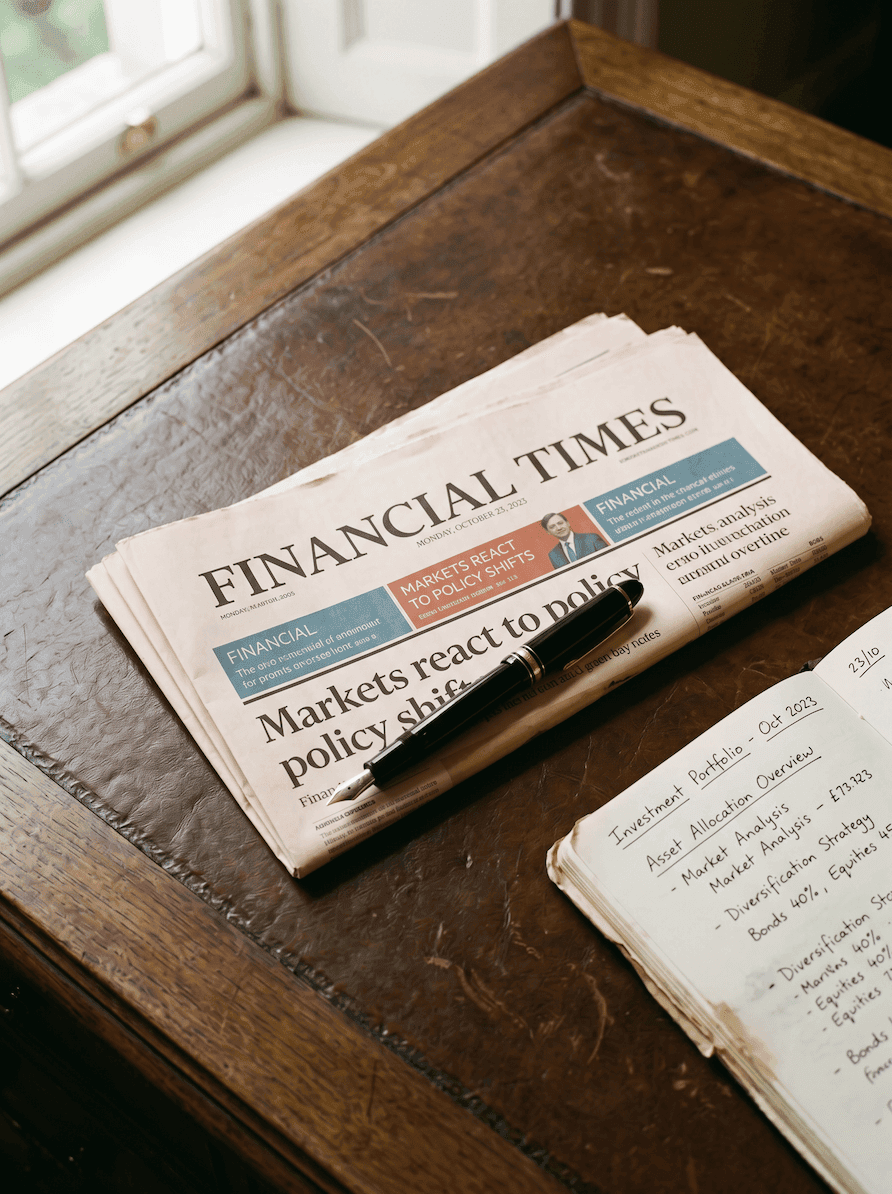 A folded broadsheet and a fountain pen on a leather-topped desk